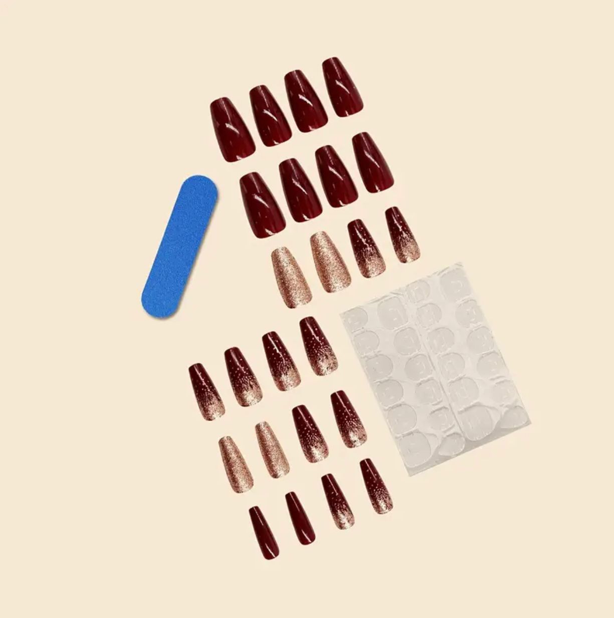 Golden Glitter Burgundy 12pcs Nails Set