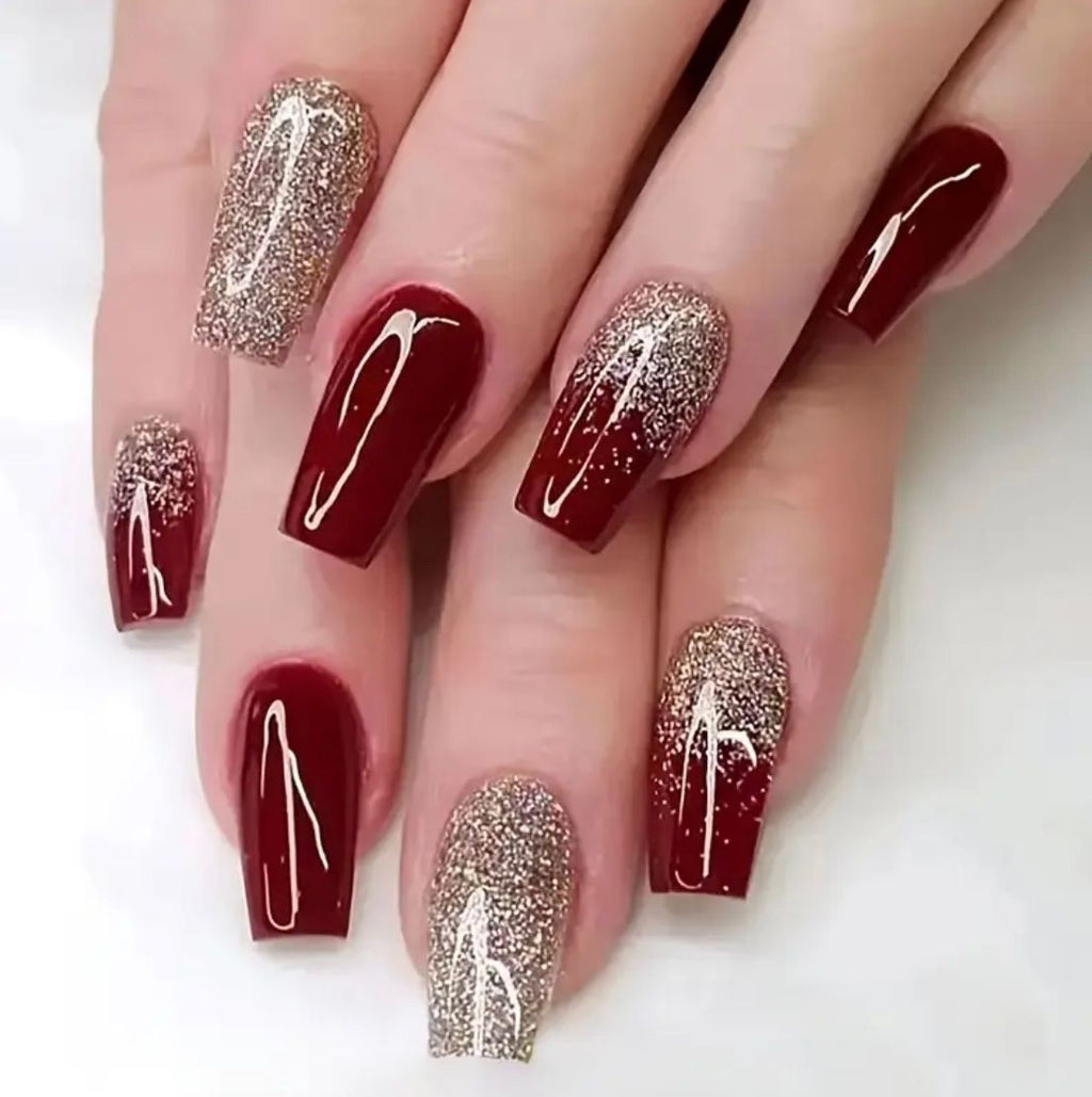 Golden Glitter Burgundy 12pcs Nails Set