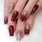 Golden Glitter Burgundy 12pcs Nails Set