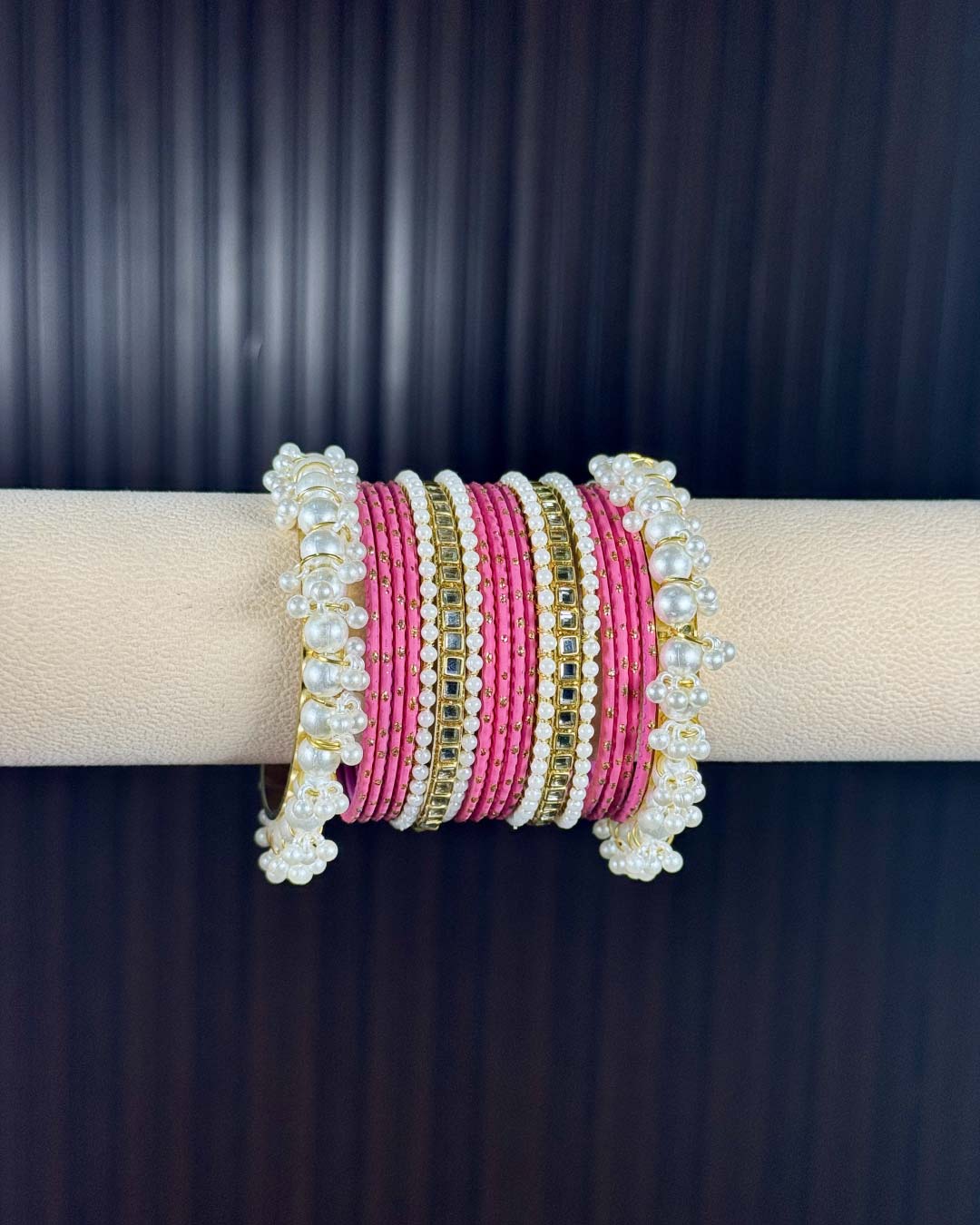 Pink Pearl Radiance Metal Bangle Set