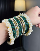 Emerald Green Pearl Radiance Metal Bangle Set