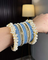 Sky Blue Pearl Radiance Metal Bangle Set