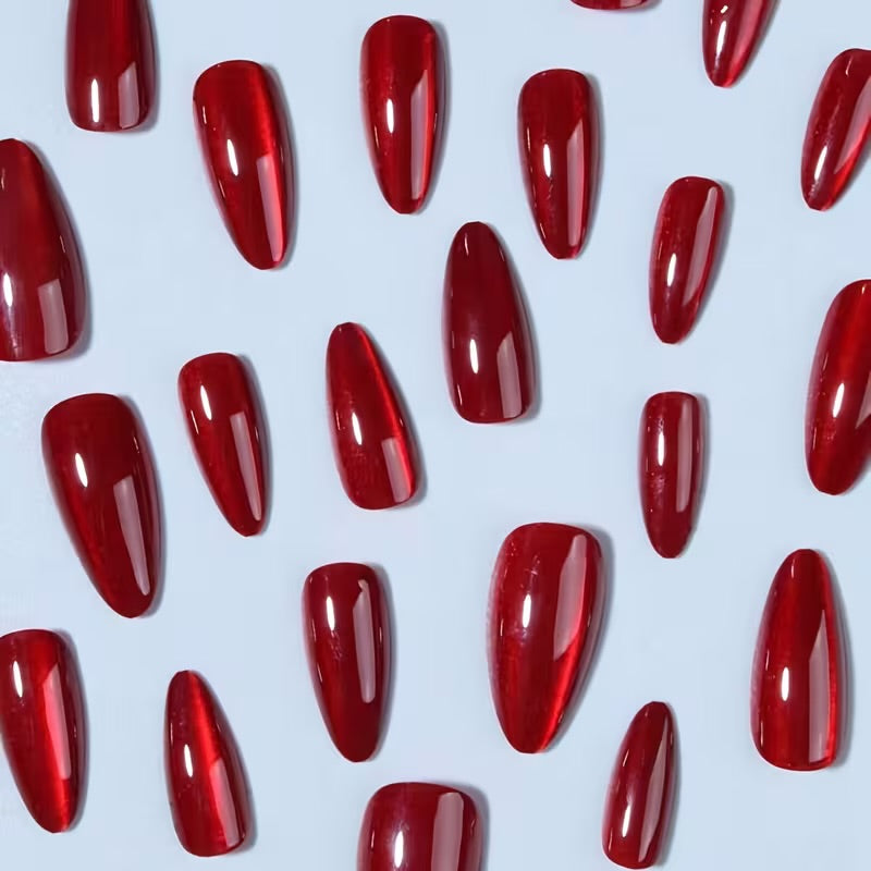 Glossy Deep Red 12pcs Almond Shape Nails Set