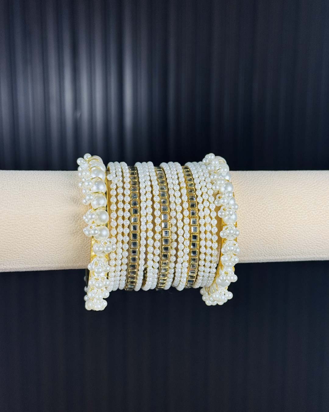 White Pearl Radiance Metal Bangle Set