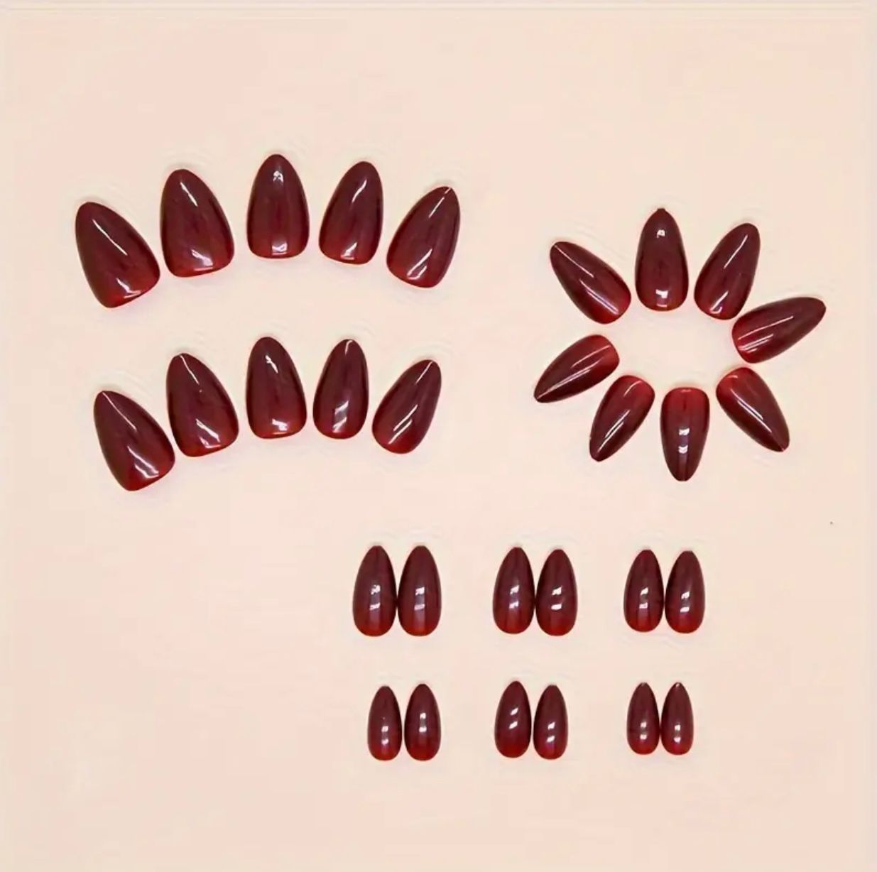 Wine Red 12 pcs Almond Shape Nails Set