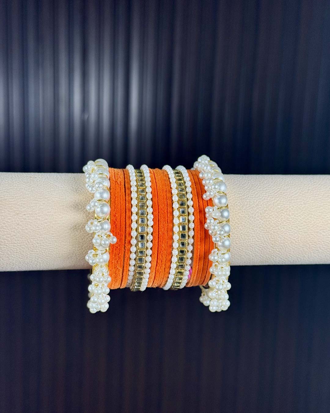 Orange Velvet Kundan Metal Set