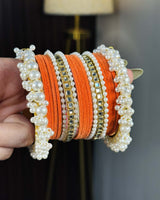 Orange Velvet Kundan Metal Set